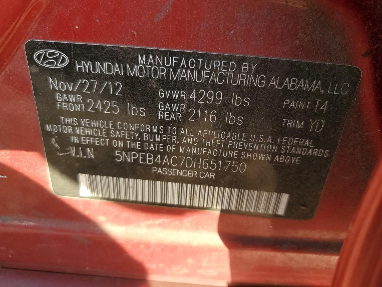 5NPEB4AC7DH651750 2013 Hyundai Sonata Gls