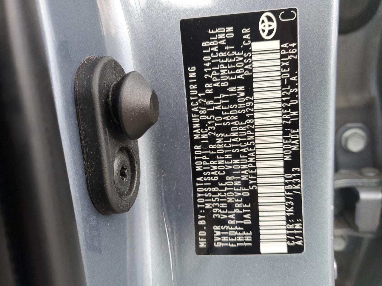 5YFEPMAE5NP281292 TOYOTA COROLLA 2022