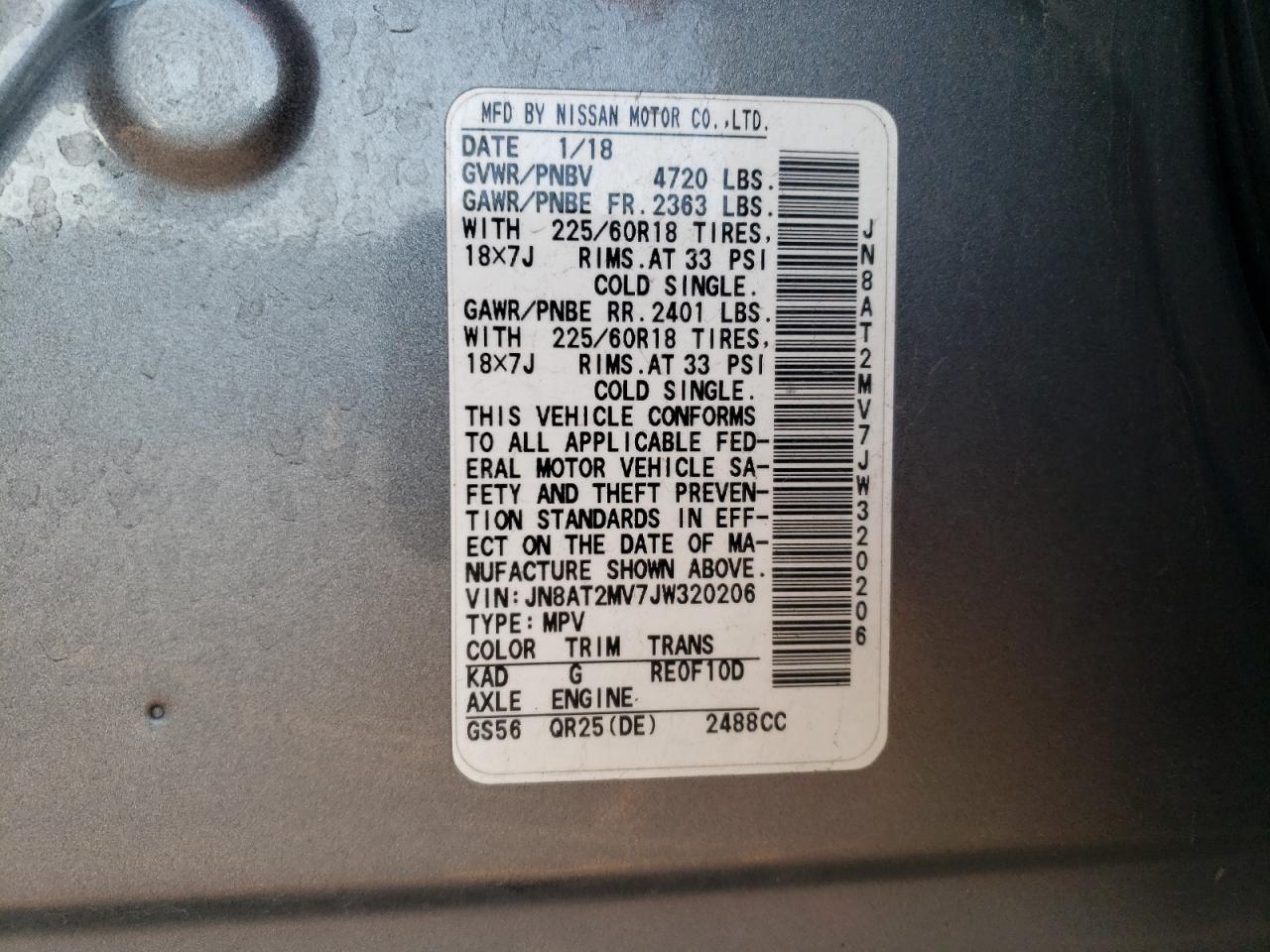 JN8AT2MV7JW320206 NISSAN ROGUE 2018