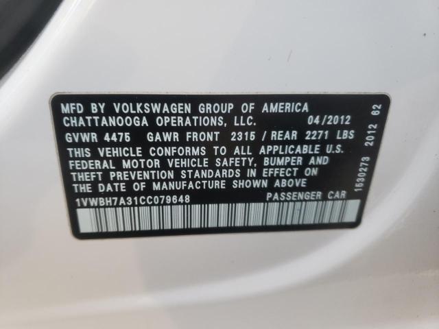 2012 Volkswagen Passat Se VIN: 1VWBH7A31CC079648 Lot: 81158313