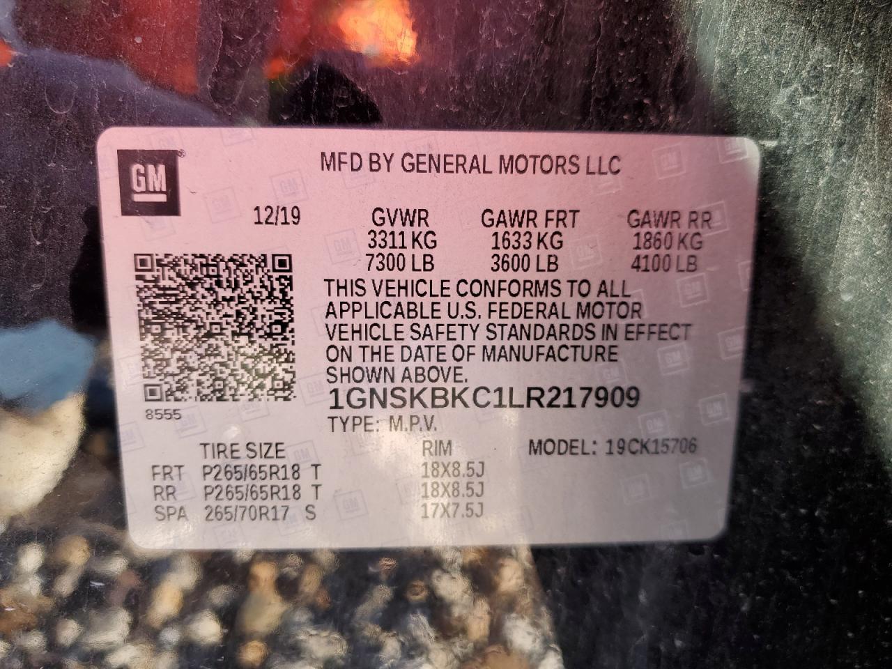 1GNSKBKC1LR217909 CHEVROLET TAHOE 2020