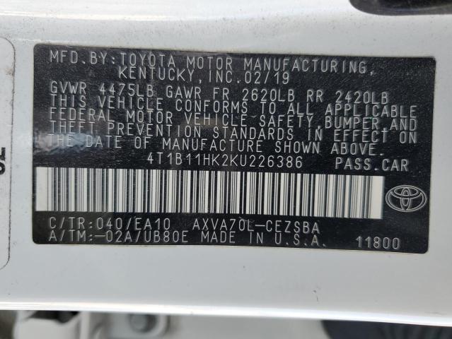 4T1B11HK2KU226386 | 2019 TOYOTA CAMRY L