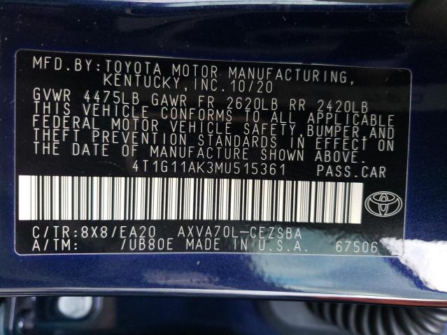 4T1G11AK3MU515361 | 2021 TOYOTA CAMRY SE