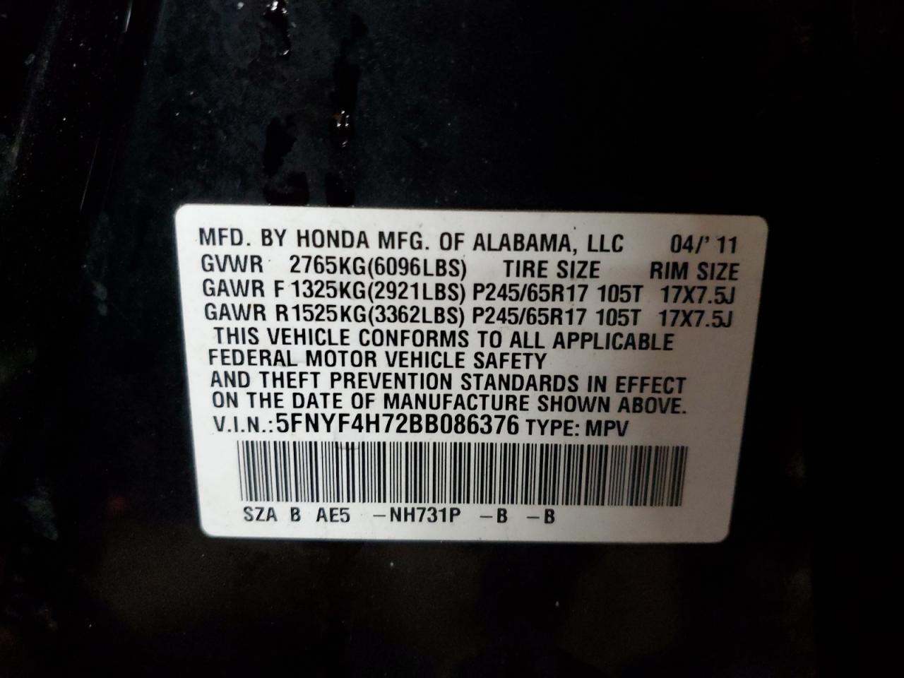 5FNYF4H72BB086376 2011 Honda Pilot Exln