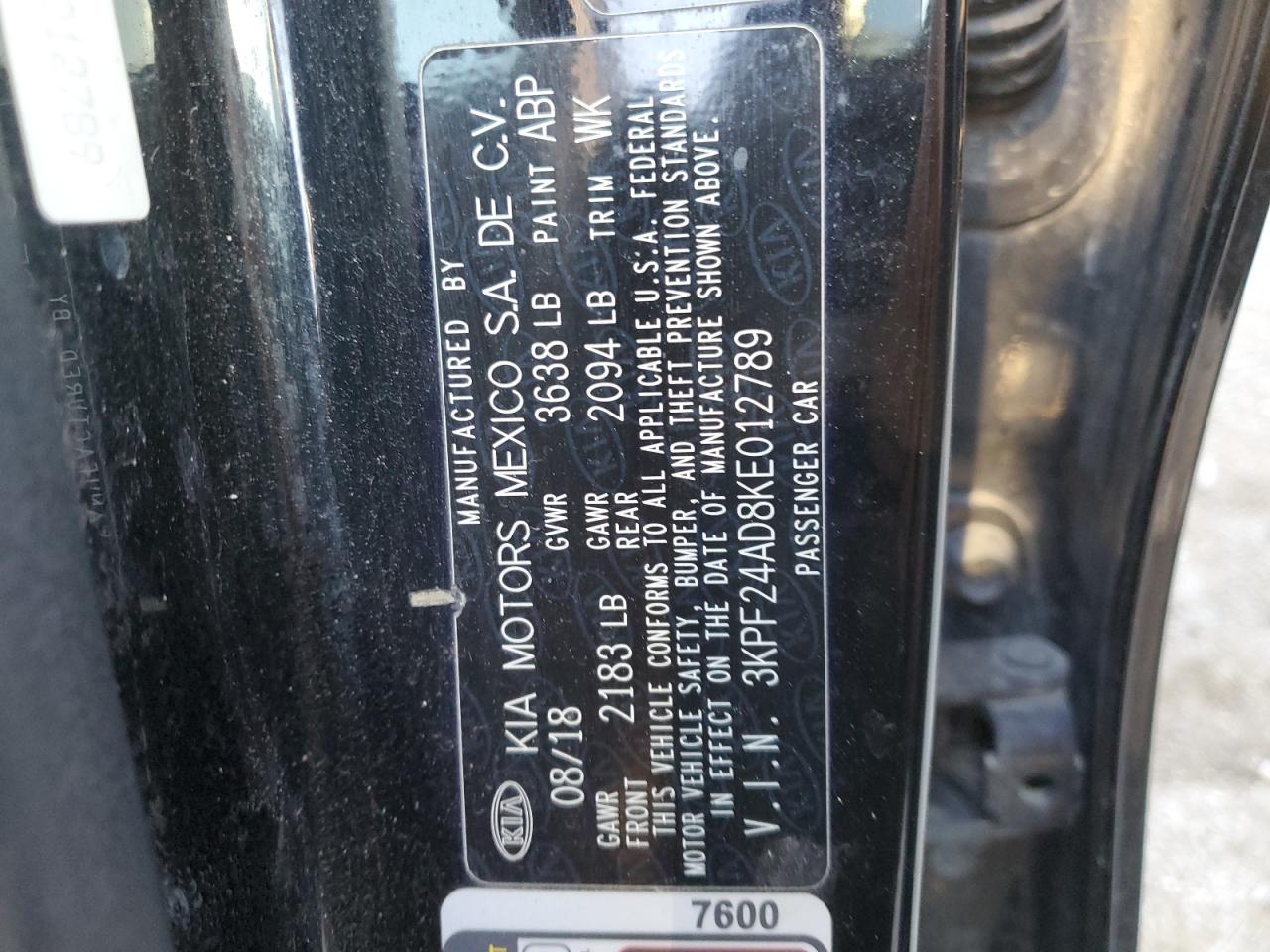 3KPF24AD8KE012789 2019 Kia Forte Fe