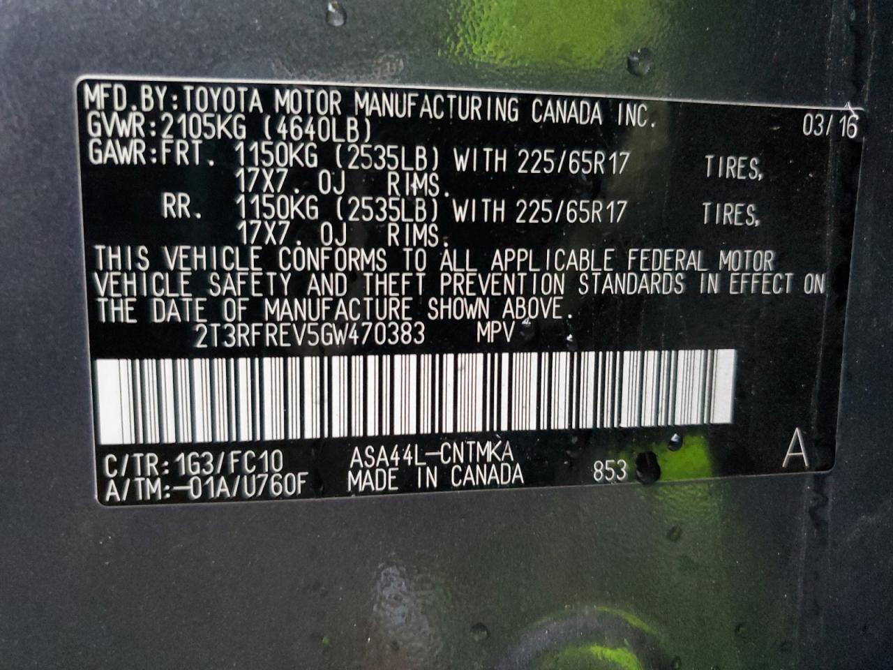 2T3RFREV5GW470383 TOYOTA RAV4 2016