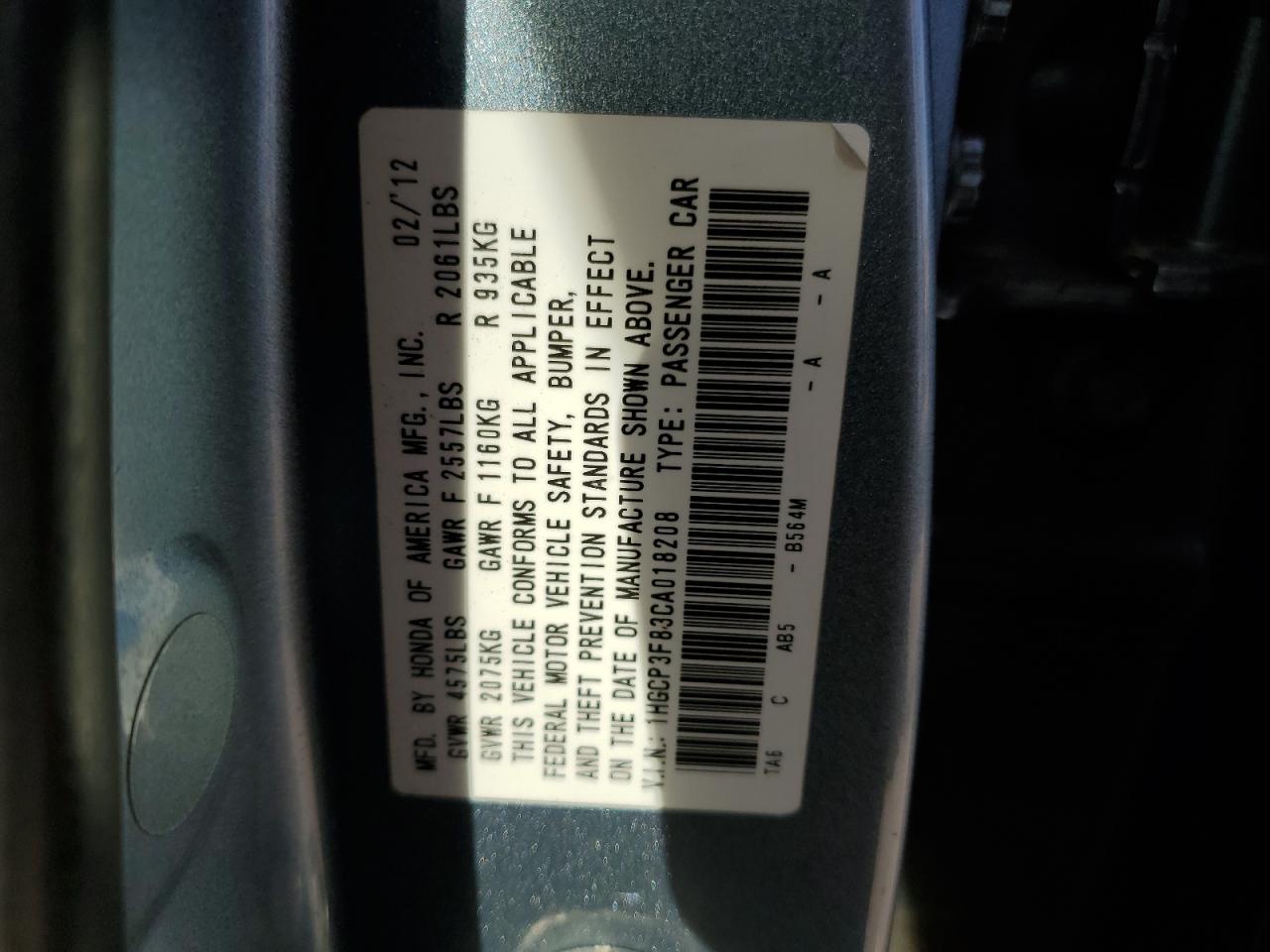 1HGCP3F83CA018208 2012 Honda Accord Exl