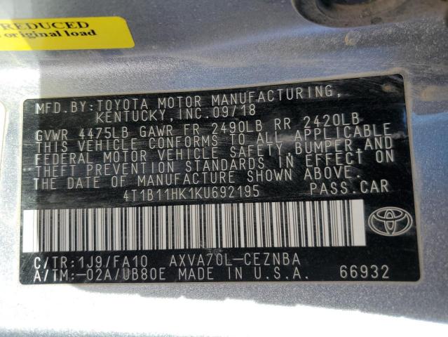 4T1B11HK1KU692195 | 2019 TOYOTA CAMRY L