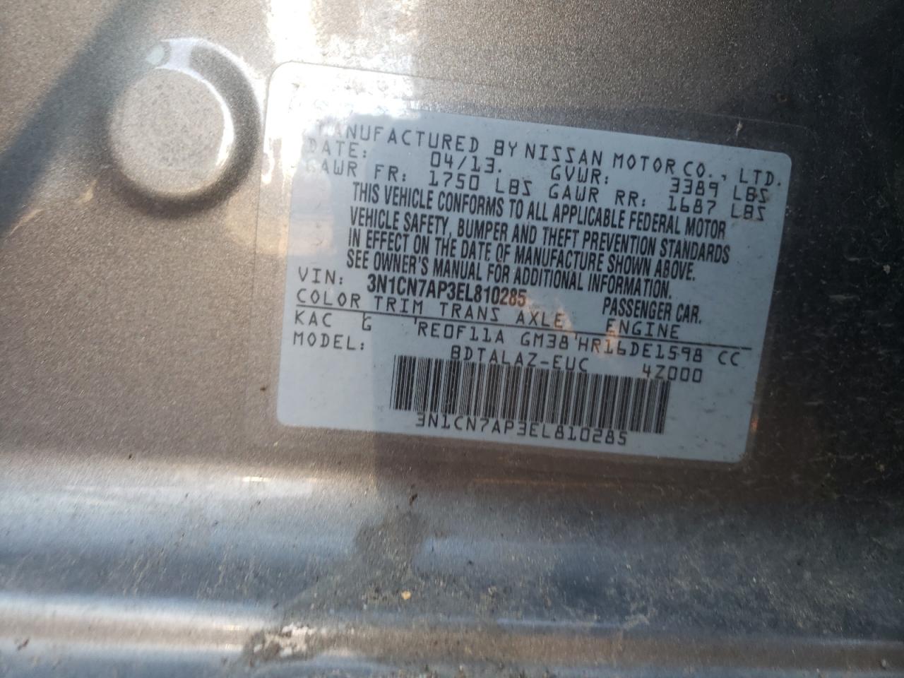 3N1CN7AP3EL810285 2014 Nissan Versa S