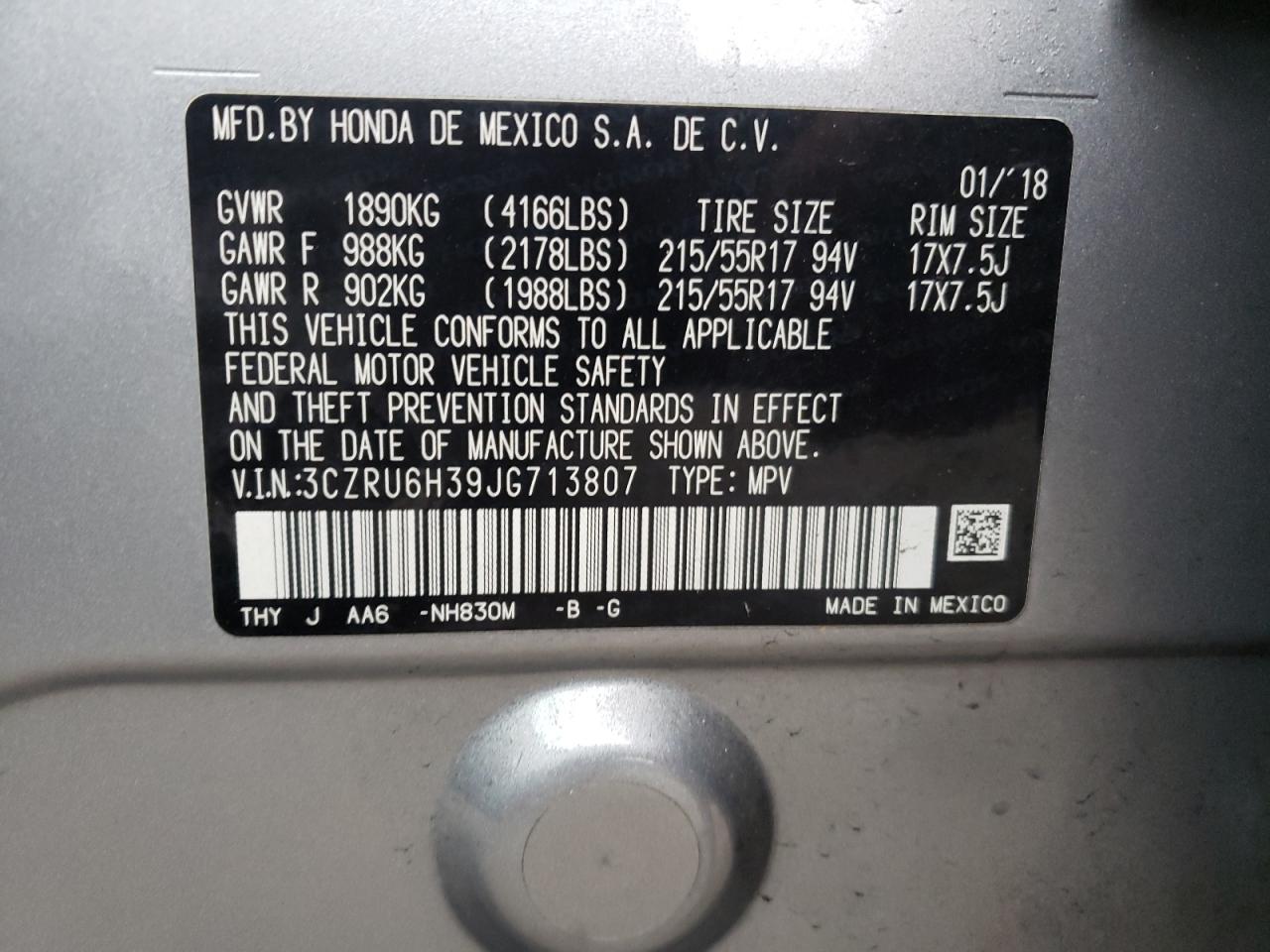 3CZRU6H39JG713807 HONDA HR-V 2018