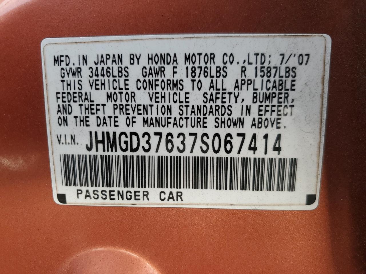 JHMGD37637S067414 2007 Honda Fit S