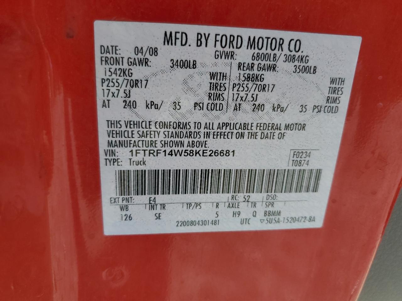 1FTRF14W58KE26681 2008 Ford F150