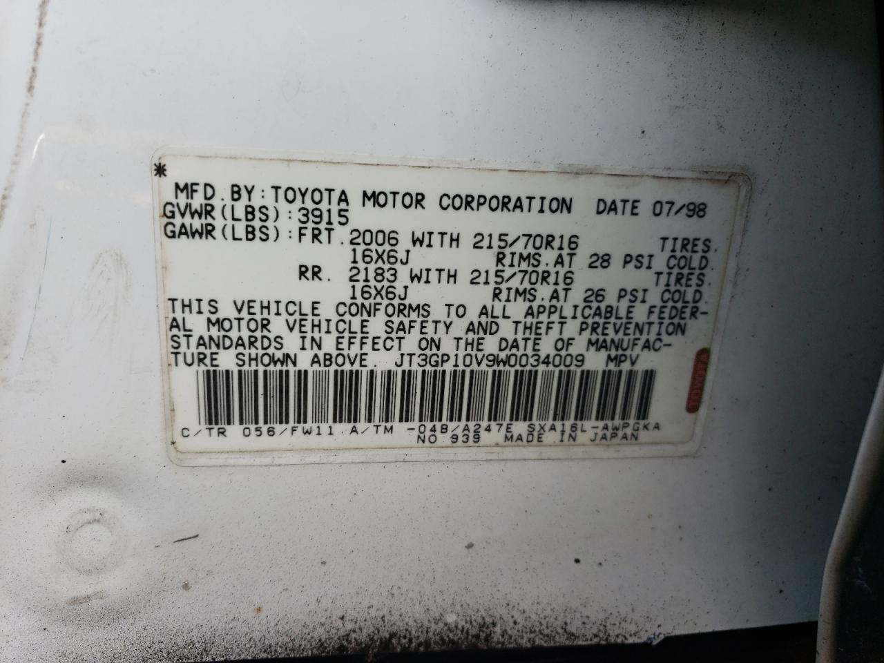 JT3GP10V9W0034009 1998 Toyota Rav4