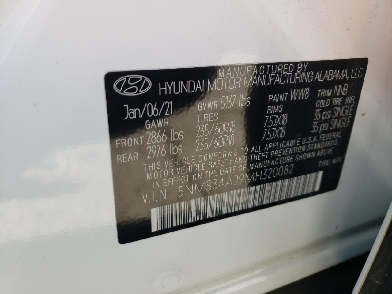 2021 Hyundai Santa Fe Sel vin: 5NMS34AJ9MH320082