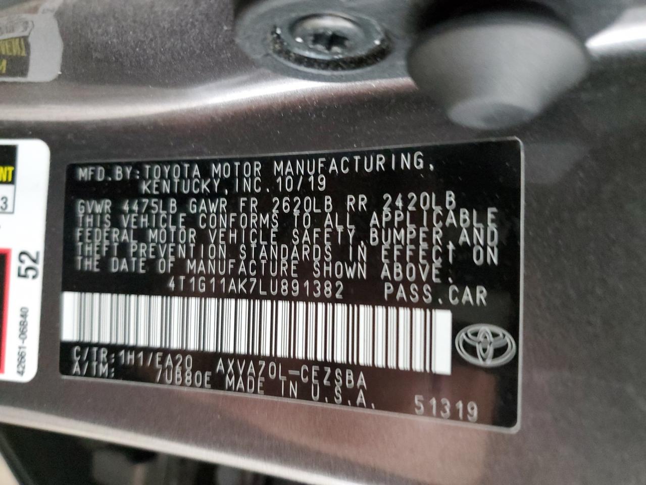 4T1G11AK7LU891382 2020 Toyota Camry Se