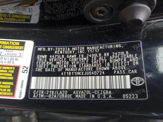 4T1B11HKXJU040724 | 2018 TOYOTA CAMRY L