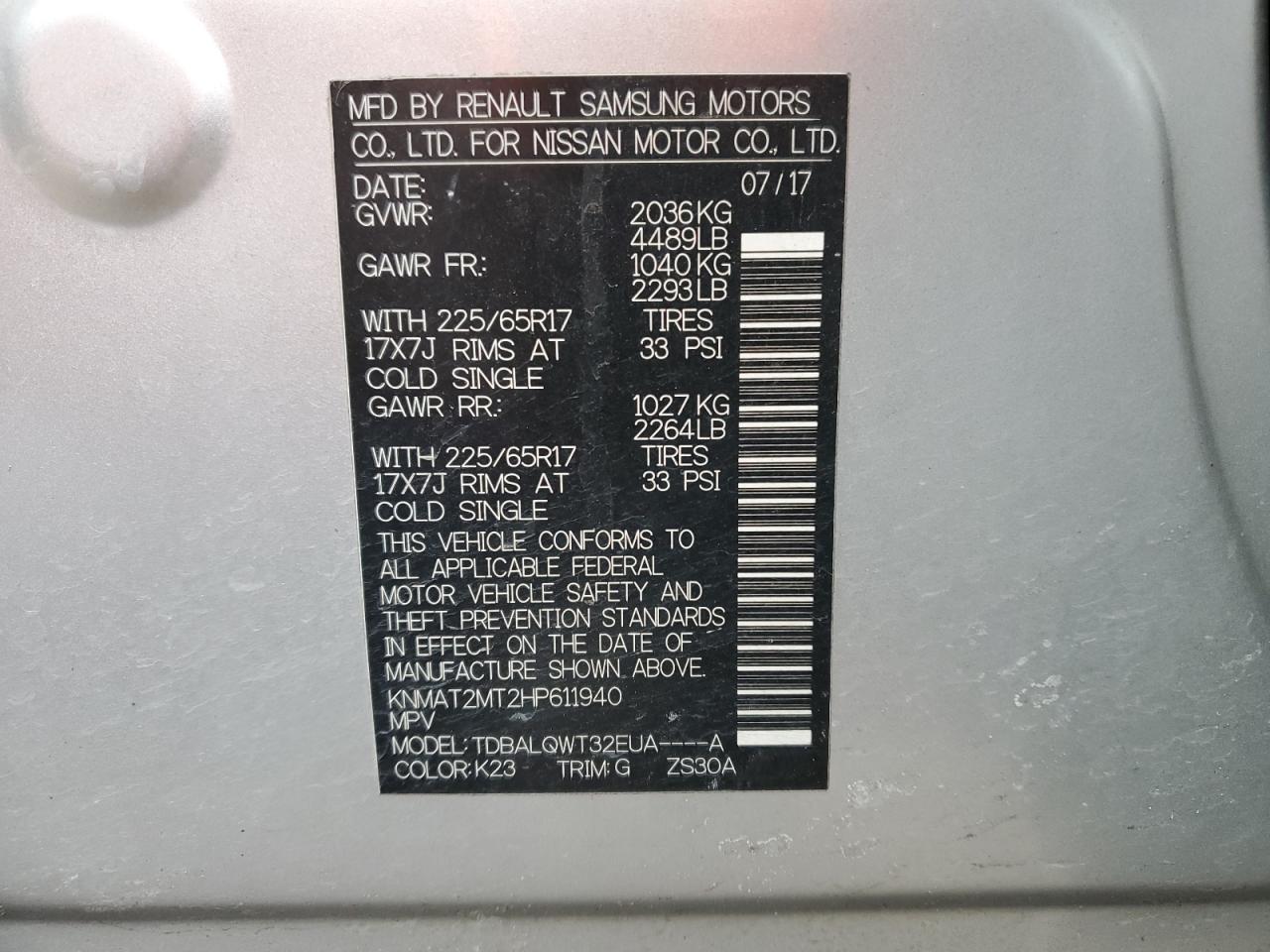 KNMAT2MT2HP611940 NISSAN ROGUE 2017