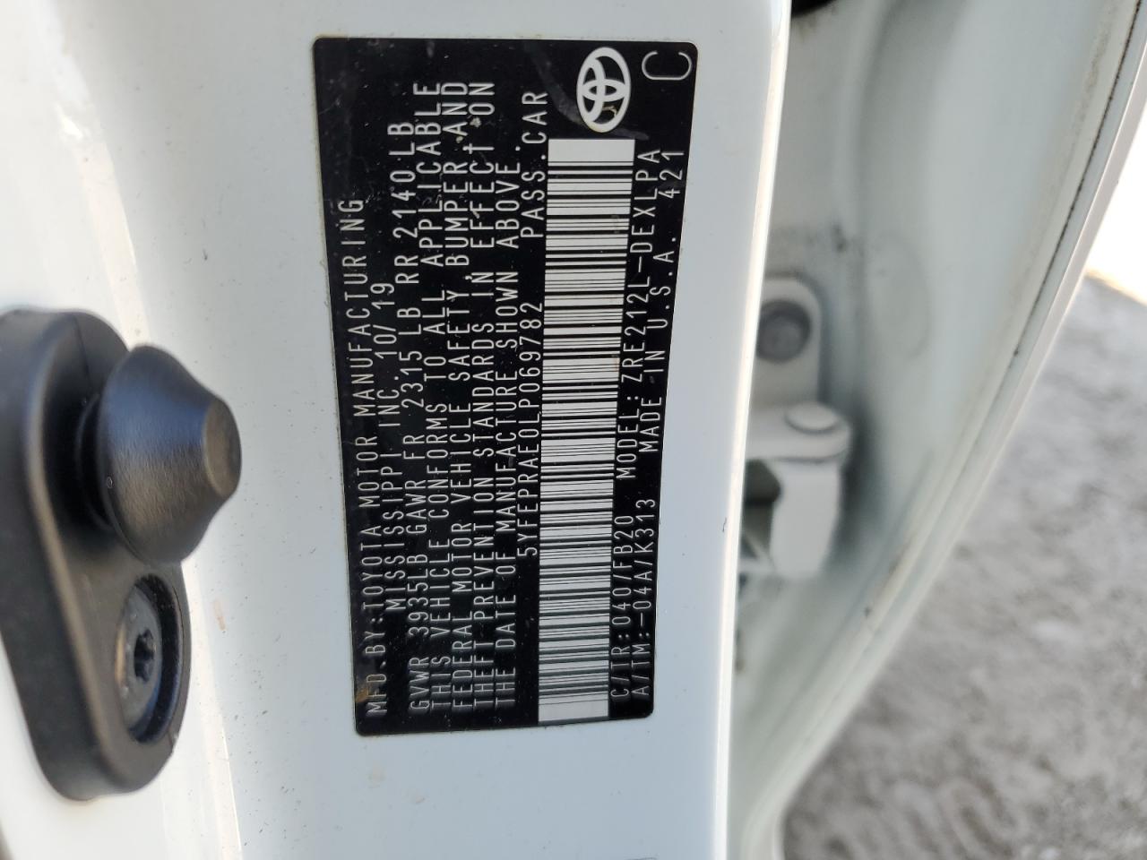 5YFEPRAE0LP069782 TOYOTA COROLLA 2020