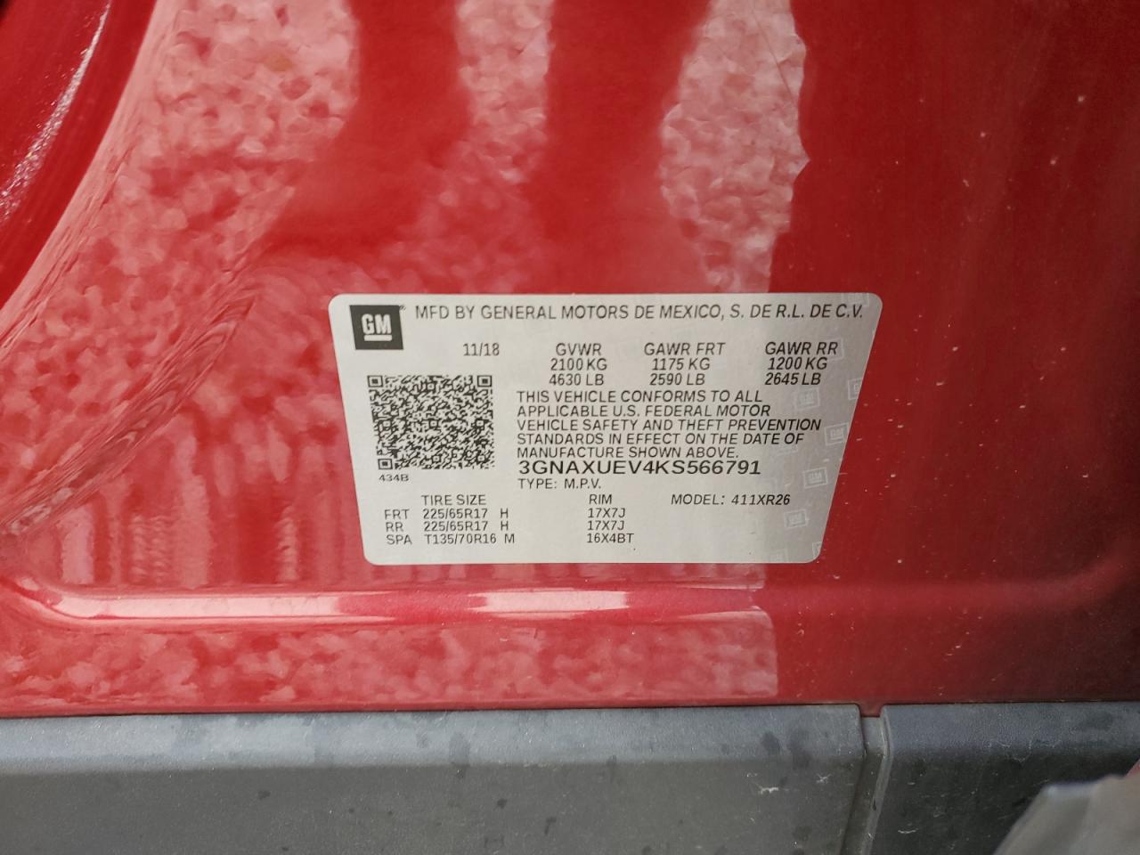 3GNAXUEV4KS566791 CHEVROLET EQUINOX 2019