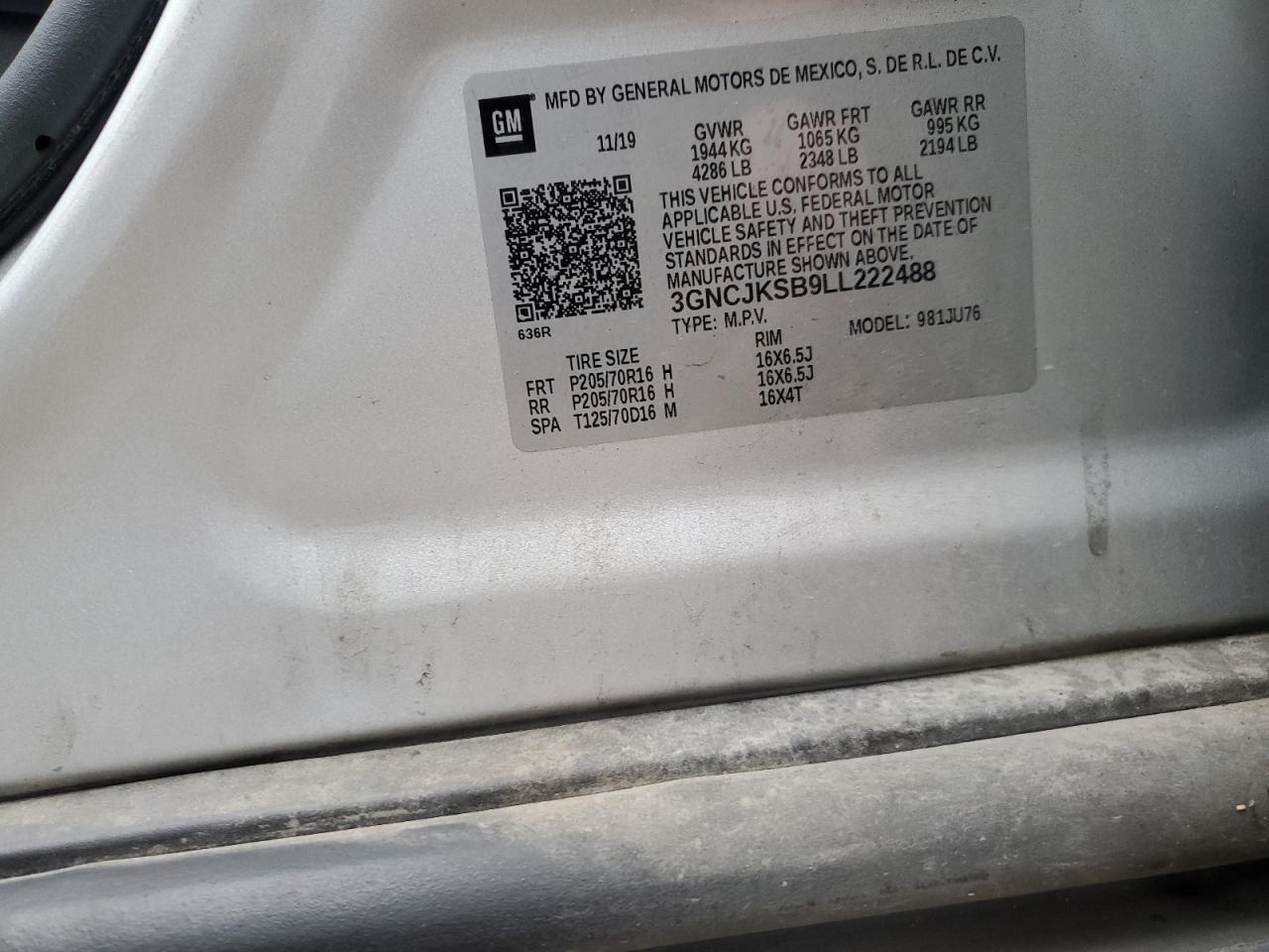 3GNCJKSB9LL222488 CHEVROLET TRAX 2020