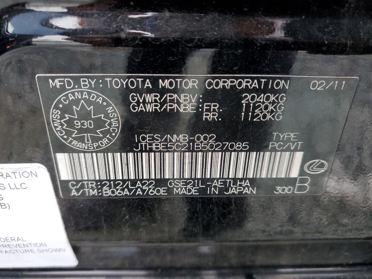 JTHBE5C21B5027085 2011 Lexus Is 350