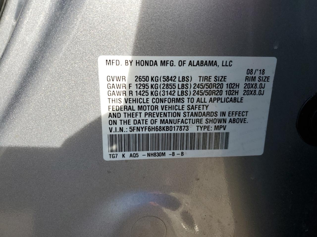 5FNYF6H68KB017873 HONDA PILOT 2019