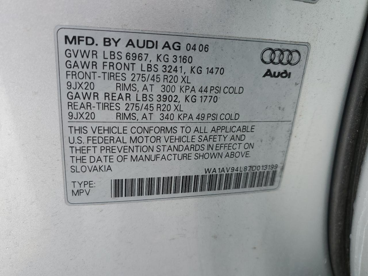 WA1AV94L87D013199 2007 Audi Q7 4.2 Quattro