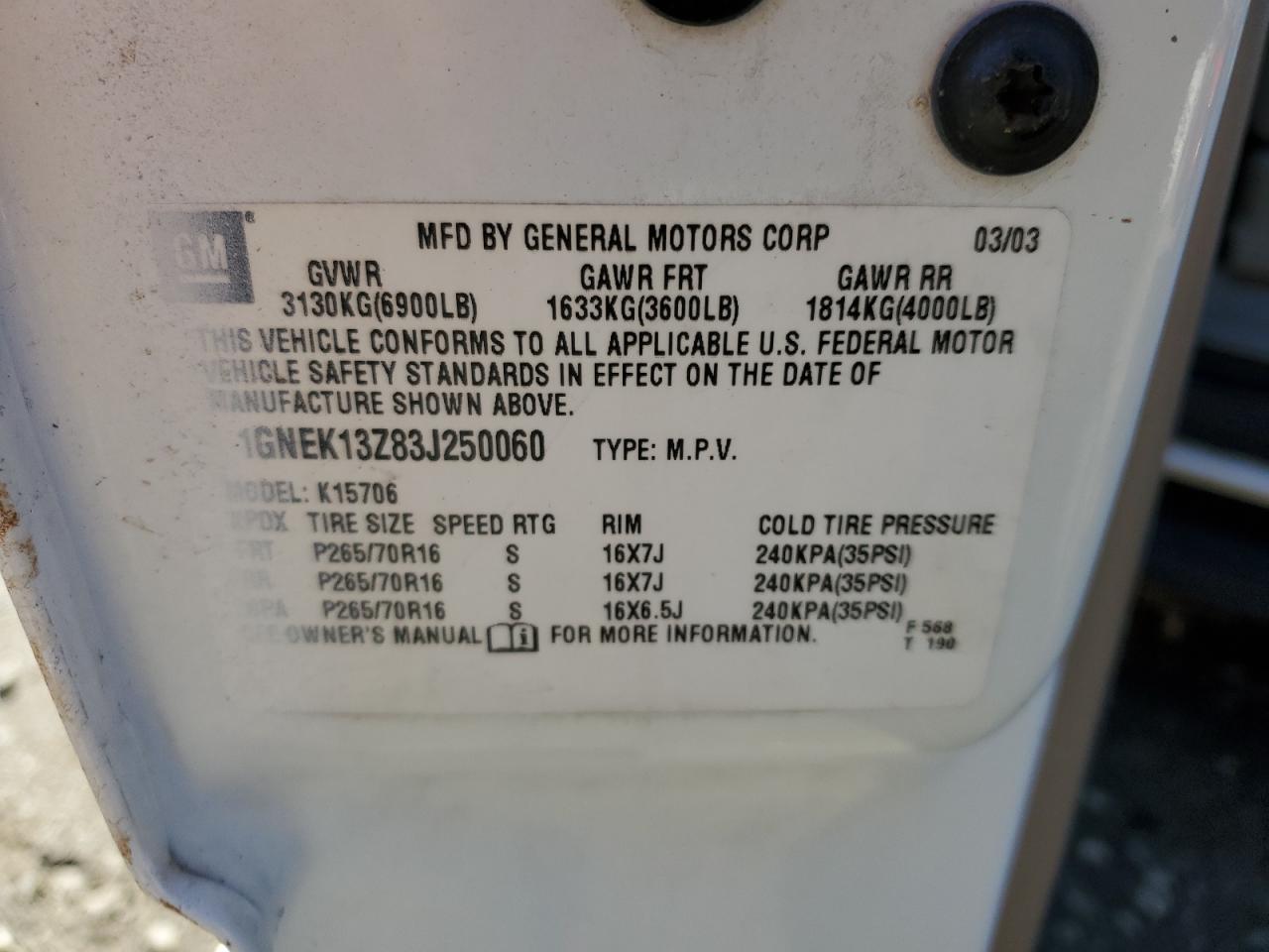 1GNEK13Z83J250060 2003 Chevrolet Tahoe K1500