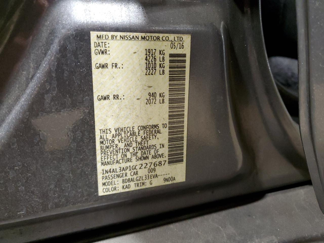 1N4AL3AP1GC227687 NISSAN ALTIMA 2016