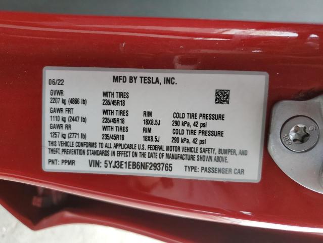 5YJ3E1EB6NF293765 | 2022 TESLA MODEL 3