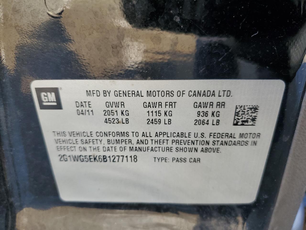 2G1WG5EK6B1277118 2011 Chevrolet Impala Lt