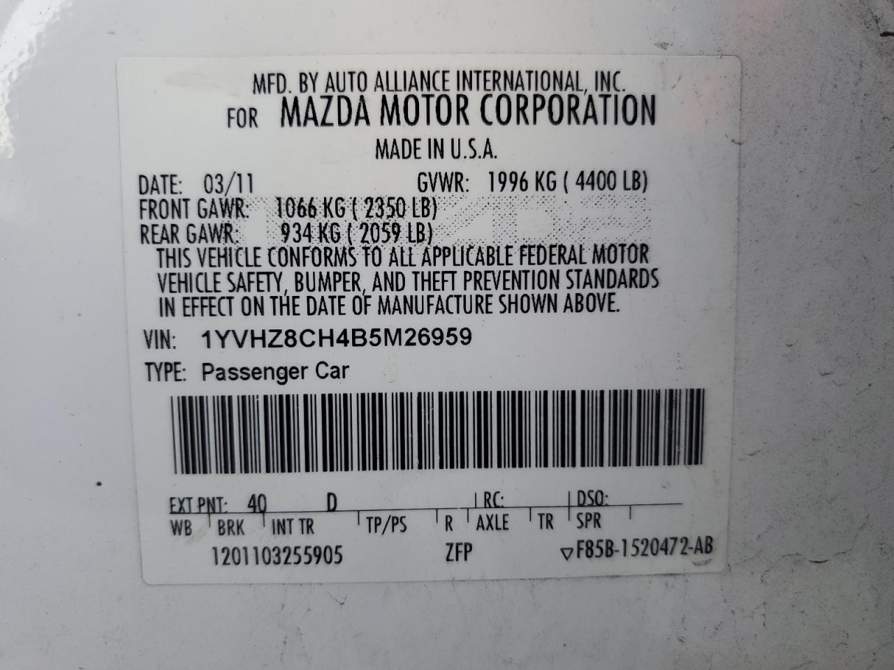 1YVHZ8CH4B5M26959 2011 Mazda 6 I