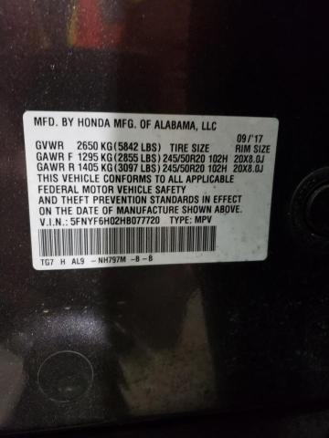 2017 Honda Pilot Elite VIN: 5FNYF6H02HB077720 Lot: 80396613