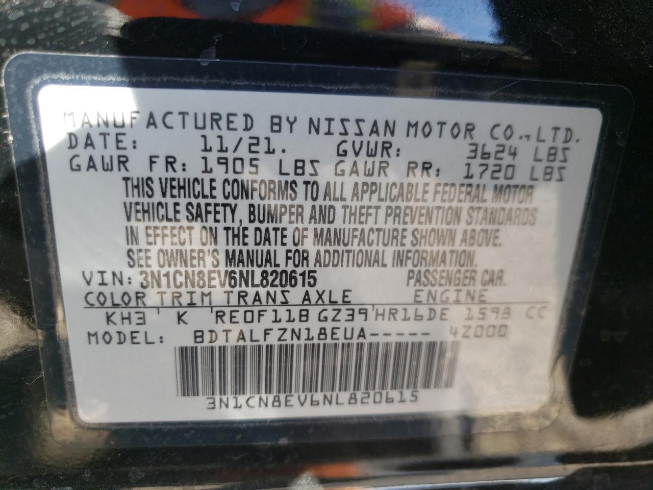 3N1CN8EV6NL820615 2022 Nissan Versa Sv