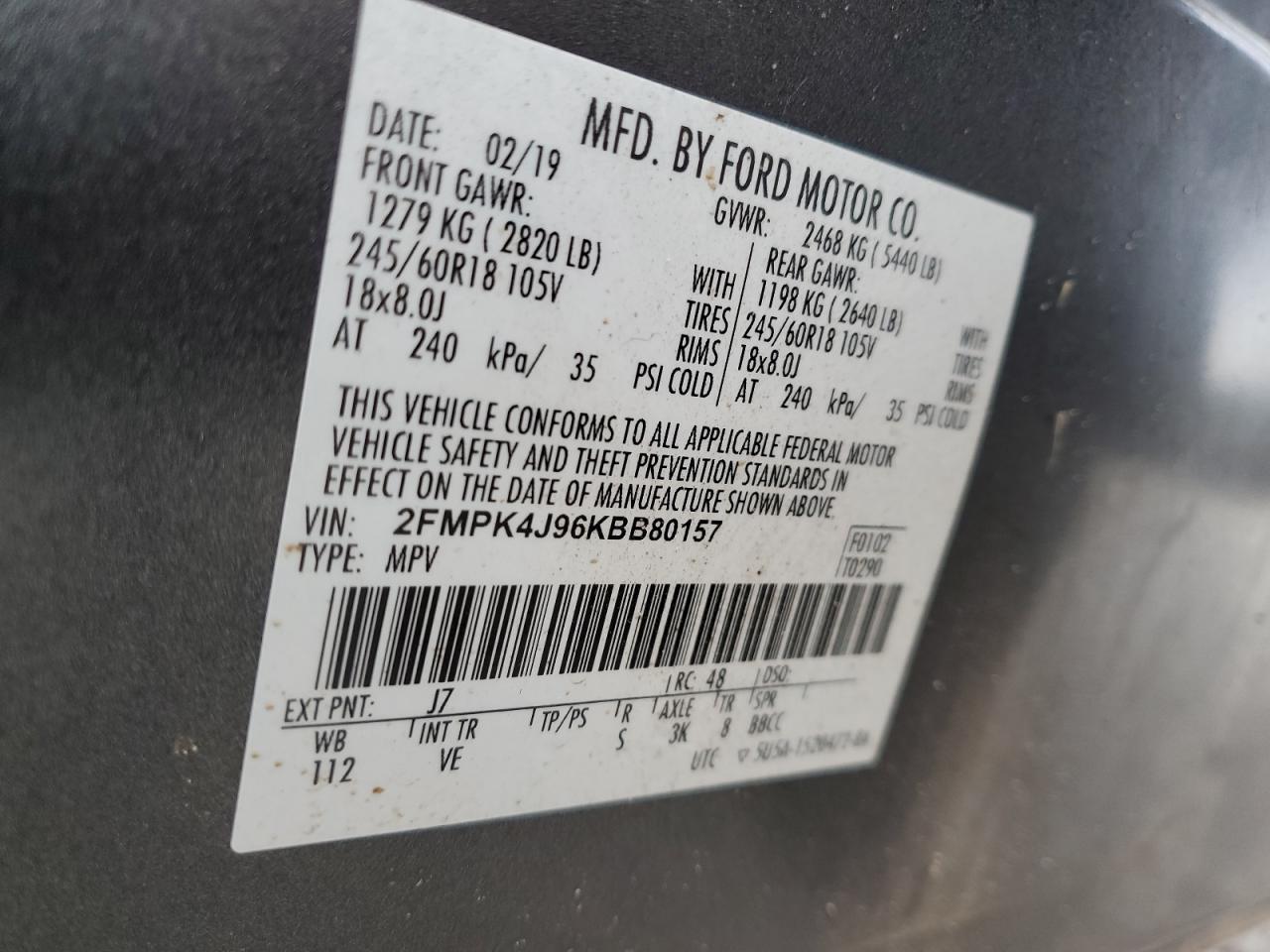 2FMPK4J96KBB80157 FORD EDGE 2019