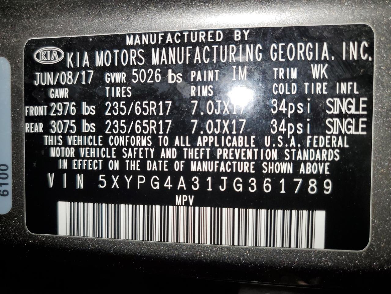5XYPG4A31JG361789 KIA SORENTO 2018