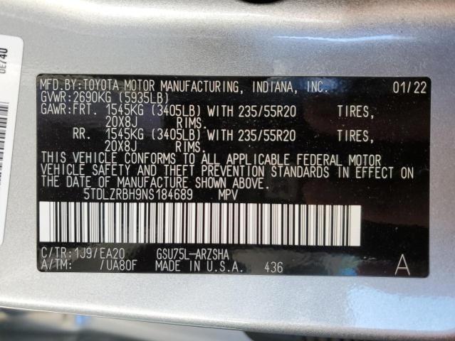 VIN 5TDLZRBH9NS184689 2022 Toyota Highlander, Xse no.13