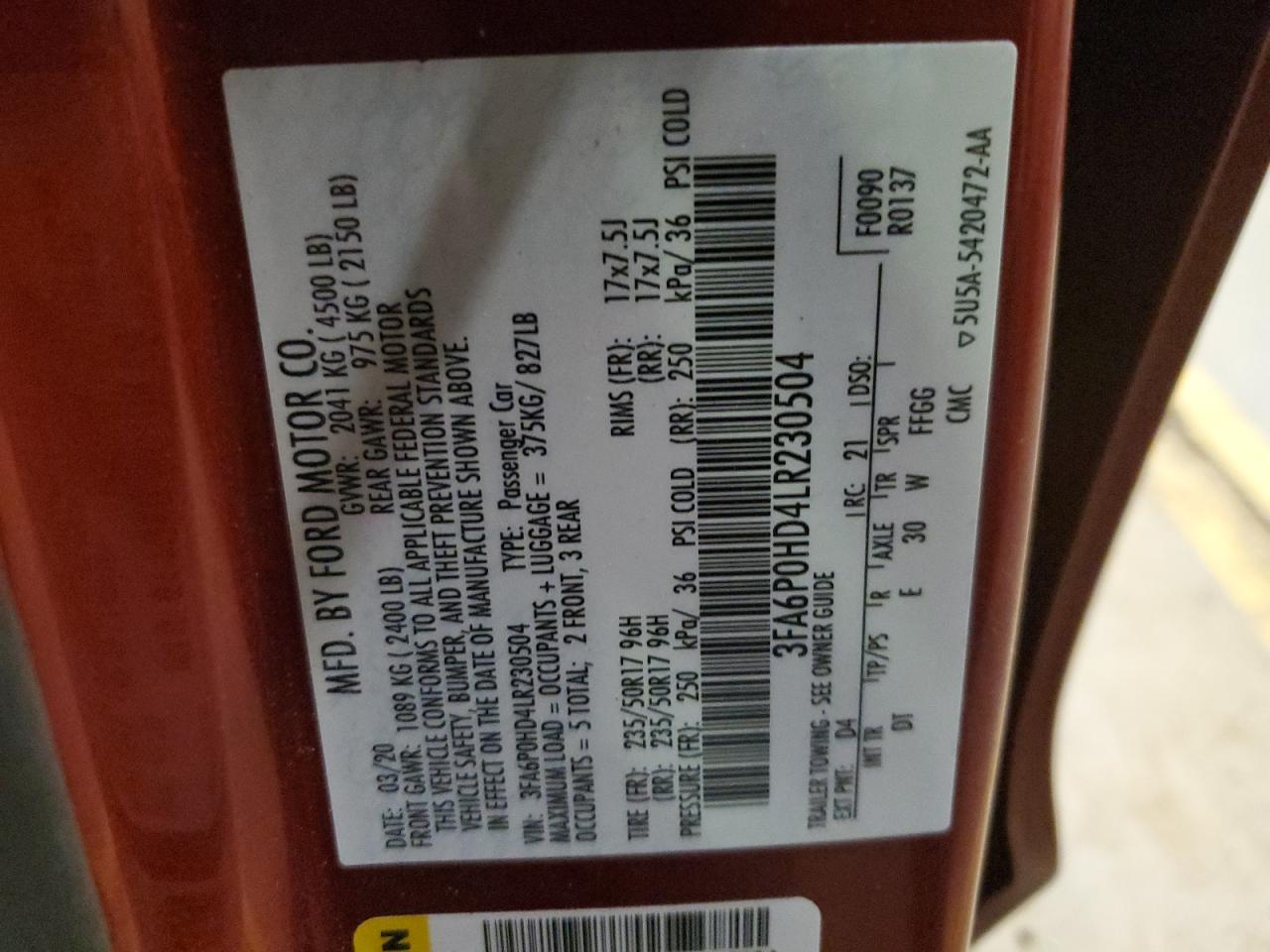 3FA6P0HD4LR230504 FORD FUSION 2020
