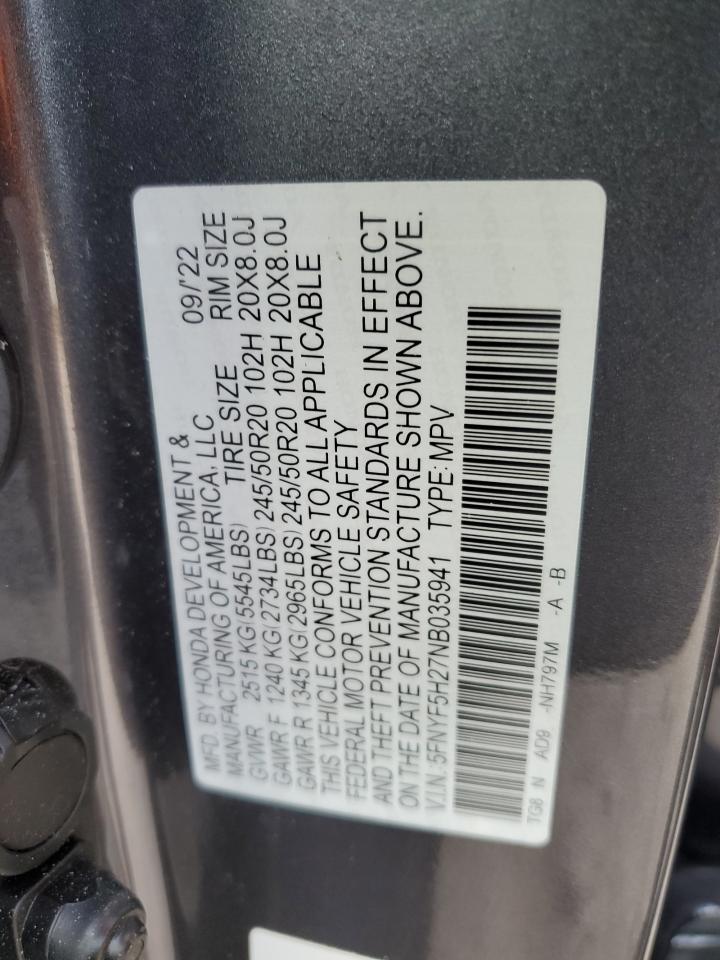 5FNYF5H27NB035941 HONDA PILOT 2022