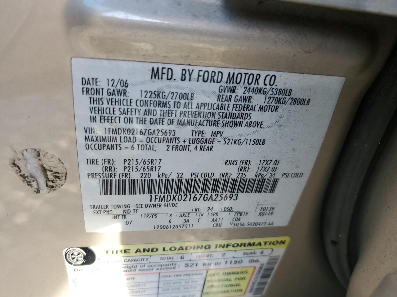 1FMDK02167GA25693 2007 Ford Freestyle Sel