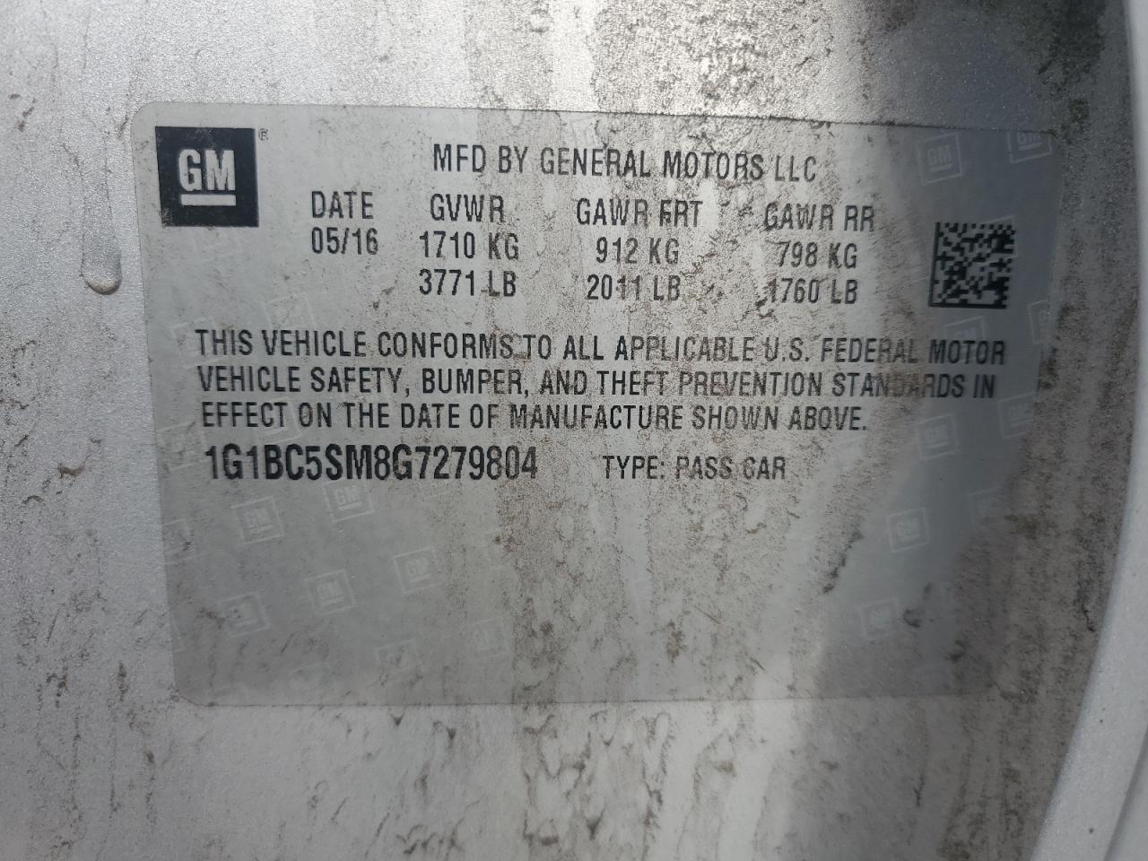 1G1BC5SM8G7279804 CHEVROLET CRUZE 2016
