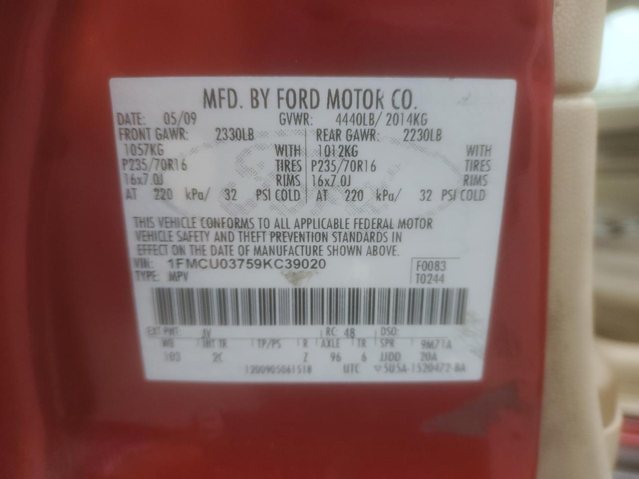 1FMCU03759KC39020 2009 Ford Escape Xlt