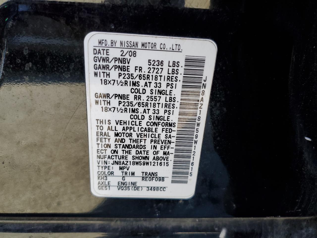 JN8AZ18W59W121615 2009 Nissan Murano S