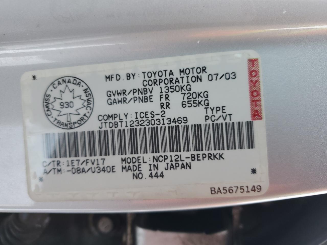 JTDBT123230313469 2003 Toyota Echo