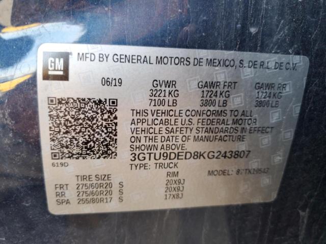 3GTU9DED8KG243807 | 2019 GMC SIERRA K15