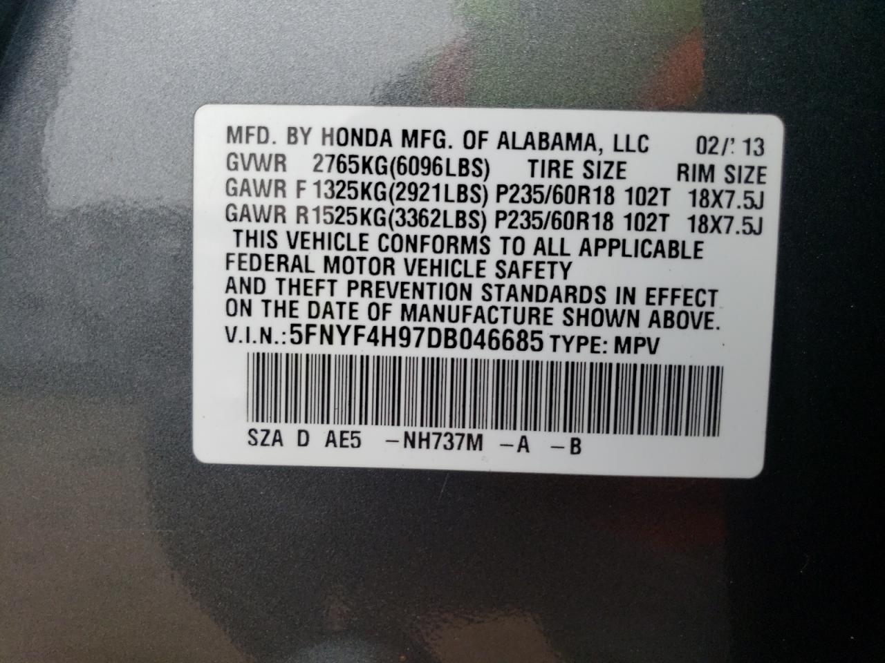 5FNYF4H97DB046685 2013 Honda Pilot Touring