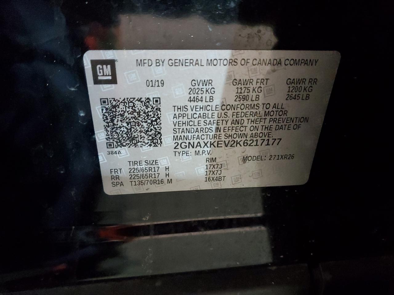 2GNAXKEV2K6217177 CHEVROLET EQUINOX 2019