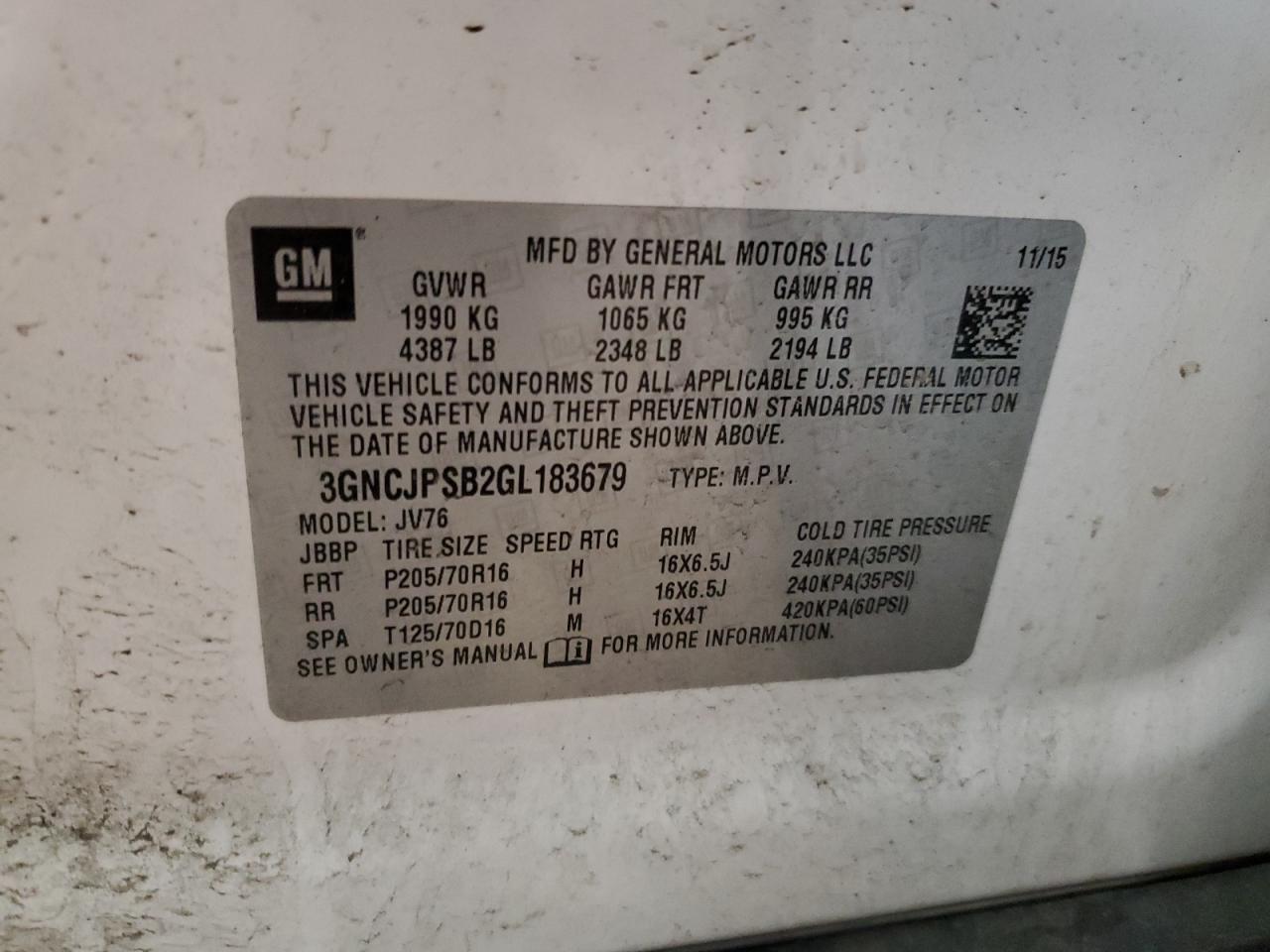 3GNCJPSB2GL183679 CHEVROLET TRAX 2016