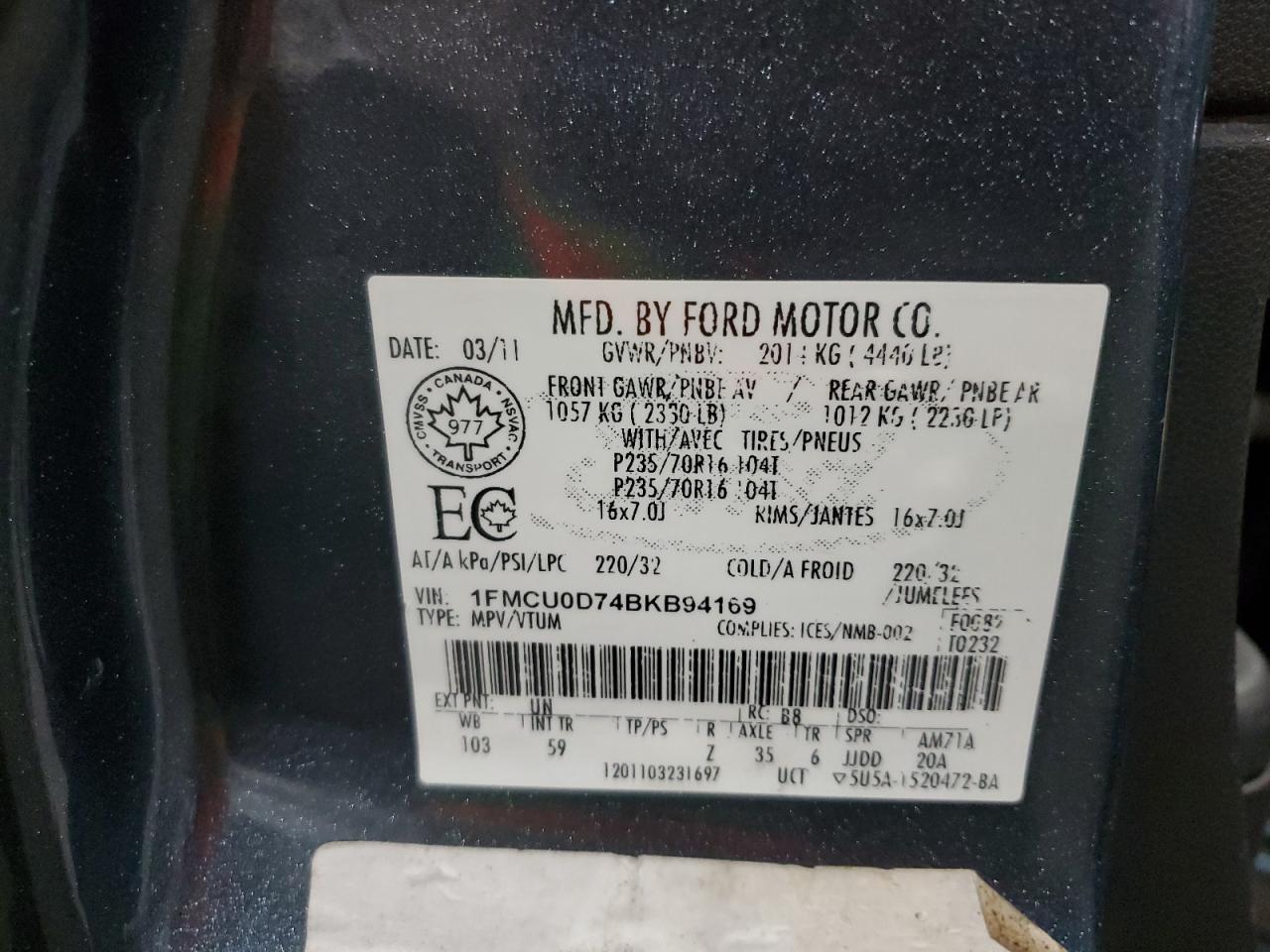 1FMCU0D74BKB94169 2011 Ford Escape Xlt