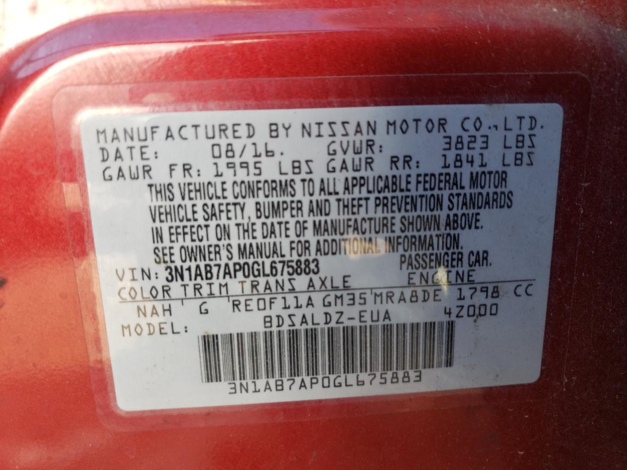 3N1AB7AP0GL675883 2016 Nissan Sentra S